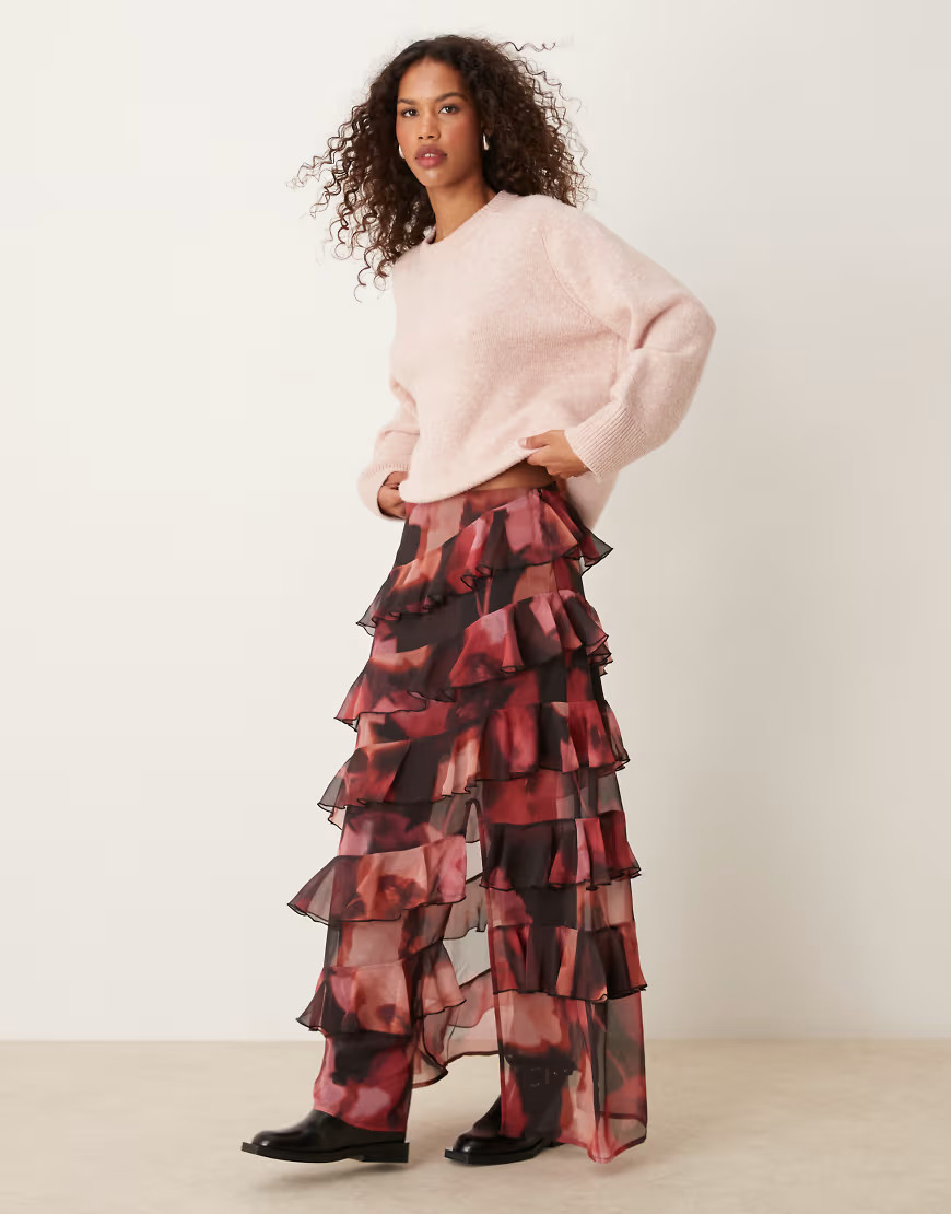 Miss Selfridge asymmetric ruffle maxi skirt in floral print-Multi | ASOS (Global)