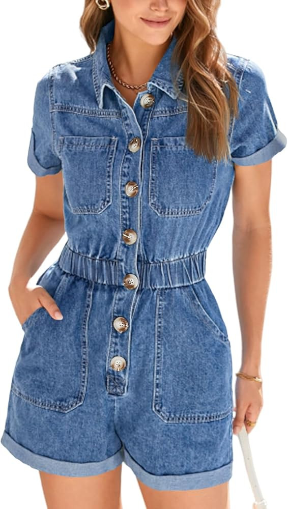 Cicy Bell Women's Short Sleeve Denim Rompers Cotton Utility Button Up Elastic Waist Short Jumpsui... | Amazon (US)