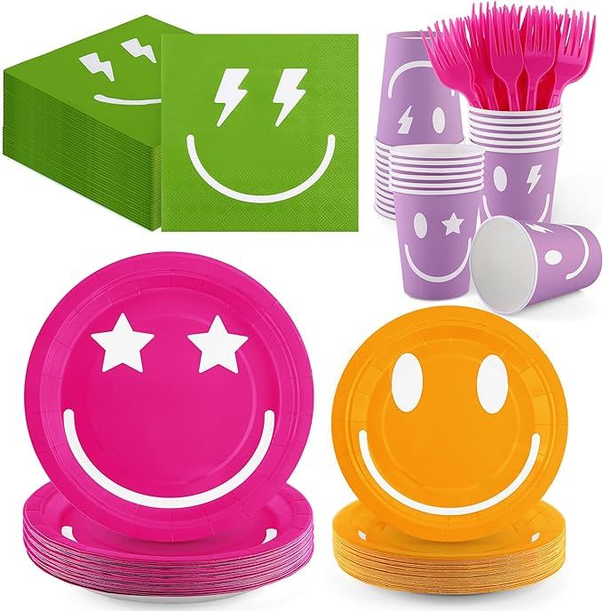 durony 144 Pieces Smiley Face Party Tableware Set Smile Party Paper Plates Birthday Decorations N... | Amazon (US)