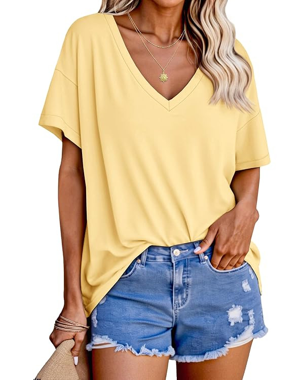 Tankaneo Womens Oversized Tshirts V Neck Short Sleeve Tops Summer Casual Loose Fit Tunic Tee Shir... | Amazon (US)