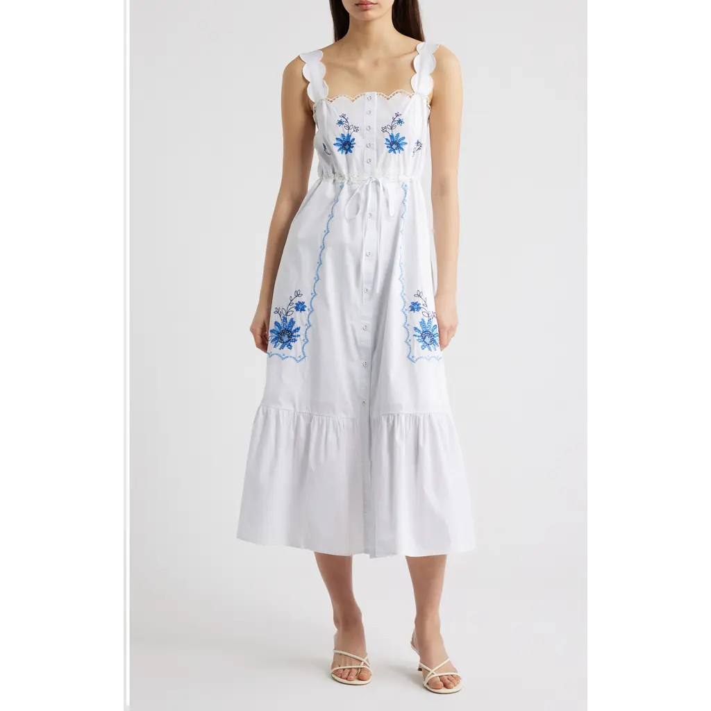 MOON RIVER Floral Embroidery Detail Cotton Dress in Off White/Blue at Nordstrom Rack, Size Medium | Nordstrom Rack