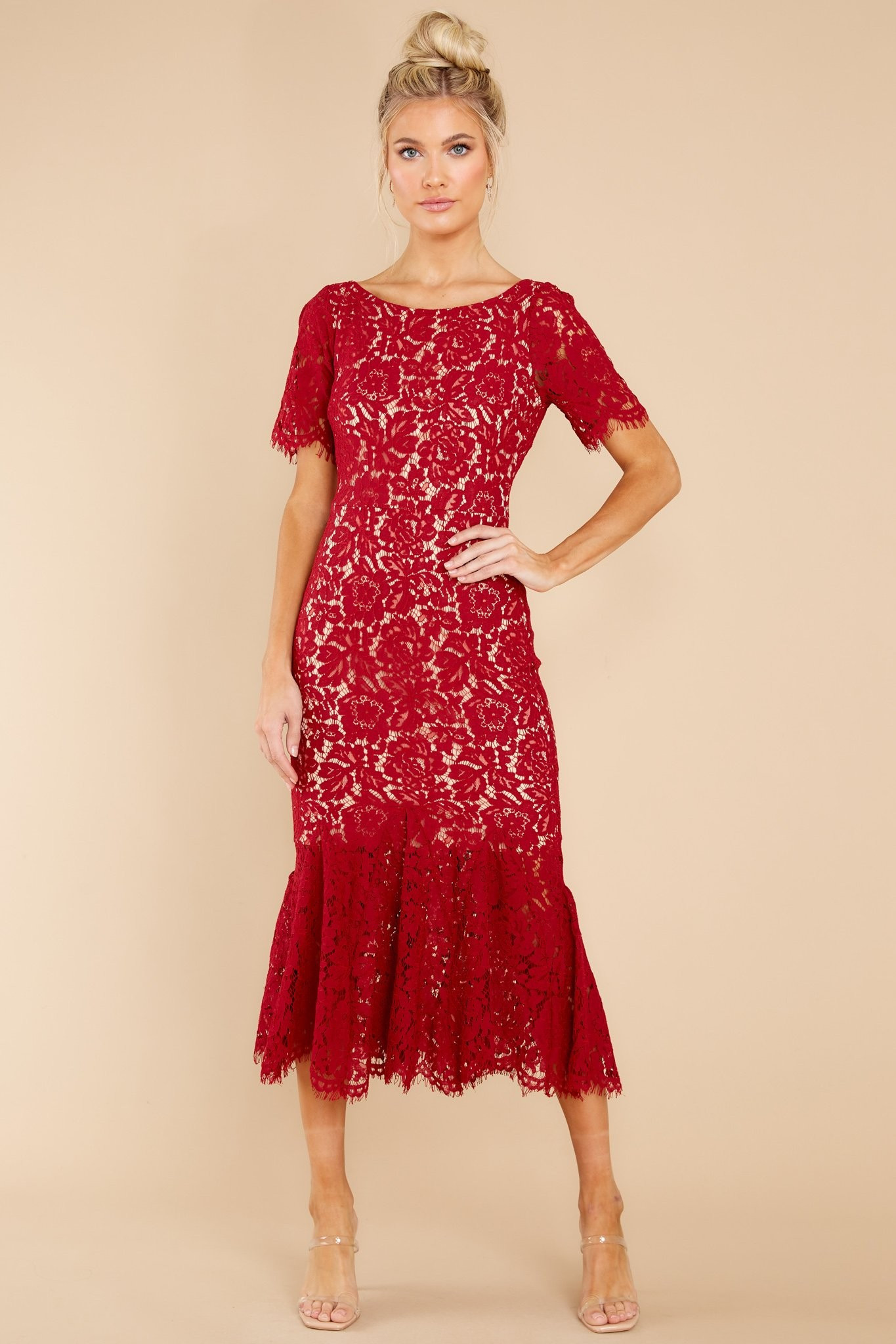 I Can't Resist Deep Red Lace Midi Dress | Red Dress 