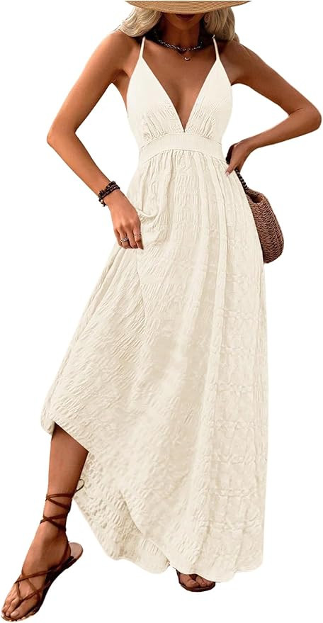MakeMeChic Women's Summer Boho Wedding Guest Dress Flowy Maxi Backless Sundress Beach Dress Hawai... | Amazon (US)