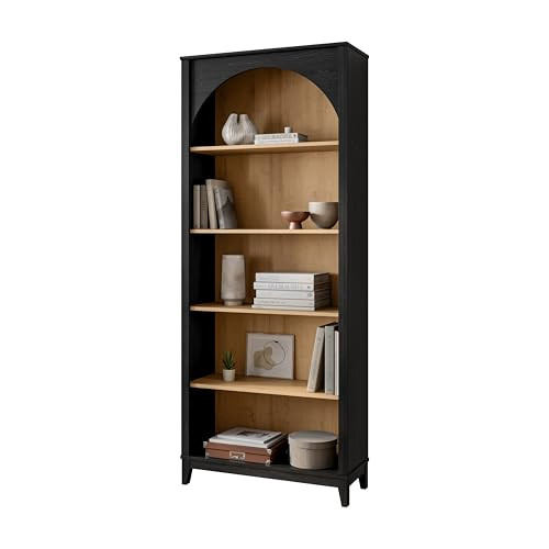 Prepac Ark 78" Tall 5-Tier Arched Bookcase, Black Oak with Oak Finish Interior, Modern Storage Accent Bookshelf with 3 Adjustable Shelves for Home, Office, Living Room, Bedroom | Amazon (US)