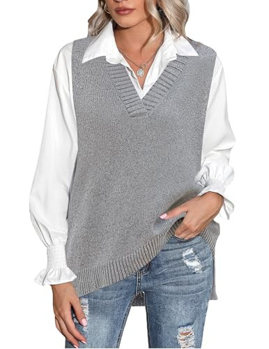 Zeagoo Women's Sweater Vests Sleeveless V Neck Oversized Pullover Knitted Fashion Tops Grey | Amazon (US)
