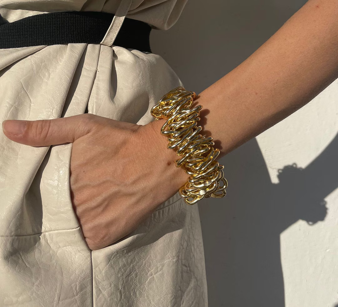 Chunky Chain Bracelet, Bold Statement Gold-tone Jewelry, Chainmail Style Bangle - Etsy | Etsy (US)