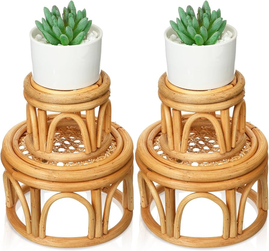 Wenqik 4 Pcs Boho Rattan Plant Stand Woven Wicker Round Riser Stand Indoor Rustic Farmhouse Natur... | Amazon (US)