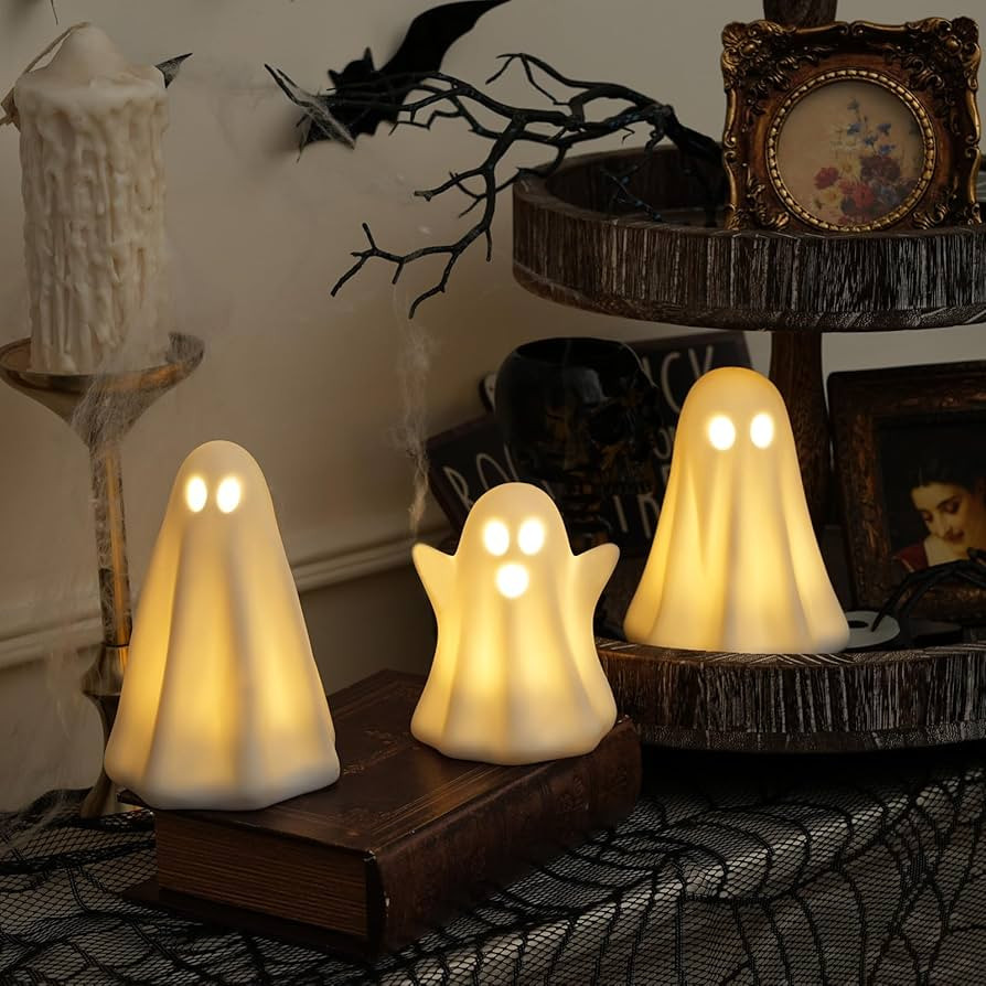 [Timer]Light Up Ghost Halloween Decor, 3 Pack Ceramic Halloween Ghost Decorations Indoor, Ceramic... | Amazon (US)