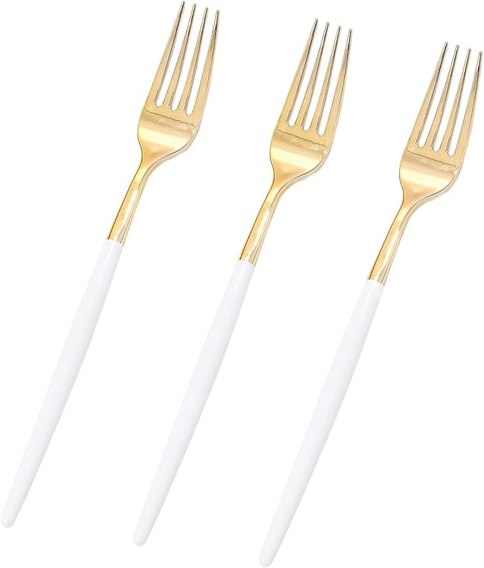 I00000 144 Gold Plastic Forks, Disposable Gold Flatware with White Handle, Look Like Gold Cutlery... | Amazon (US)