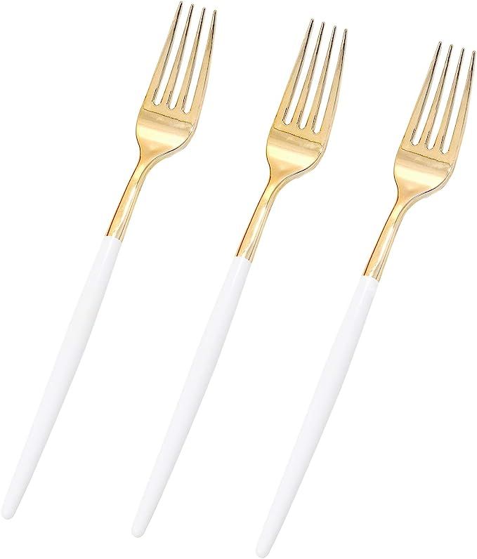 I00000 144 Gold Plastic Forks, Disposable Gold Flatware with White Handle, Look Like Gold Cutlery... | Amazon (US)