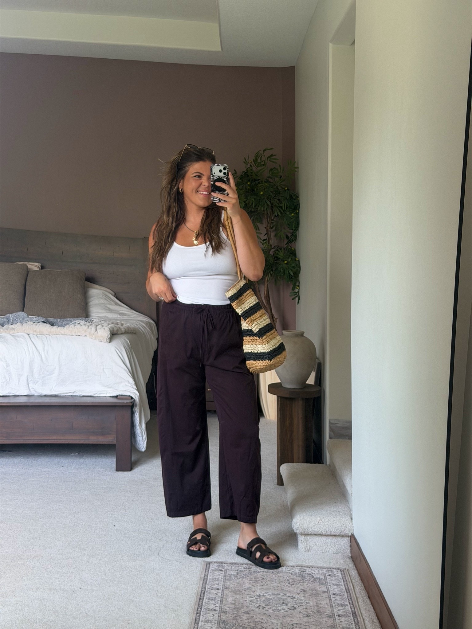 Summer outfit as mom of three. 

These Amazon pants are sisters to the gap barrel leg pants size xl

Tank tops are @embrace - they have the best nursing tanks too! Size xl
Bag @Walmart 
Glasses @SOJOS VISION 
Earrings @Electric Picks Jewelry 
Sandals @Steve Madden US 

Midsize, size 12, size 14, mom style, curvy outfit, thick tummy approved