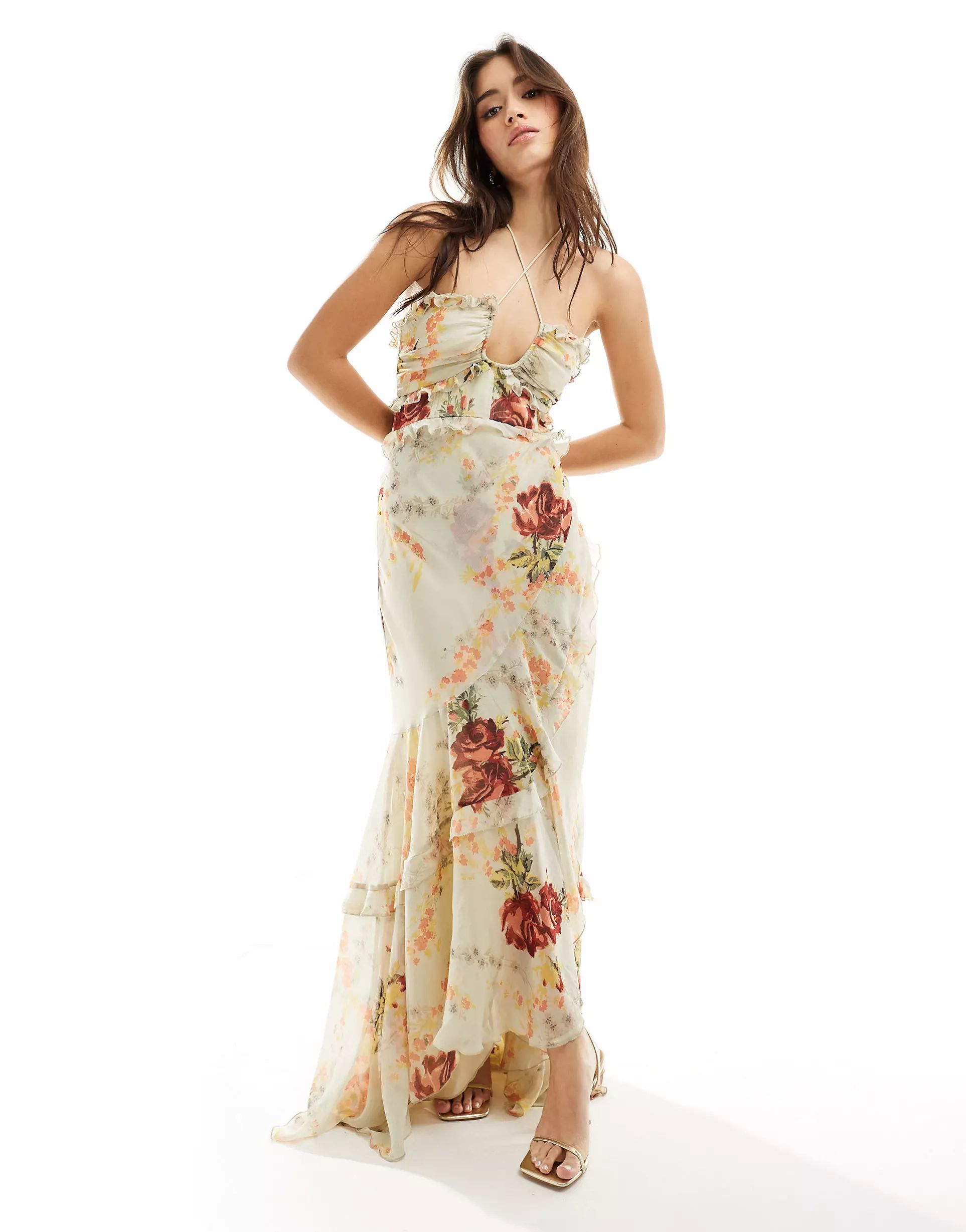 ASOS DESIGN halter ruffle maxi dress with high low hem in cream floral print | ASOS (Global)