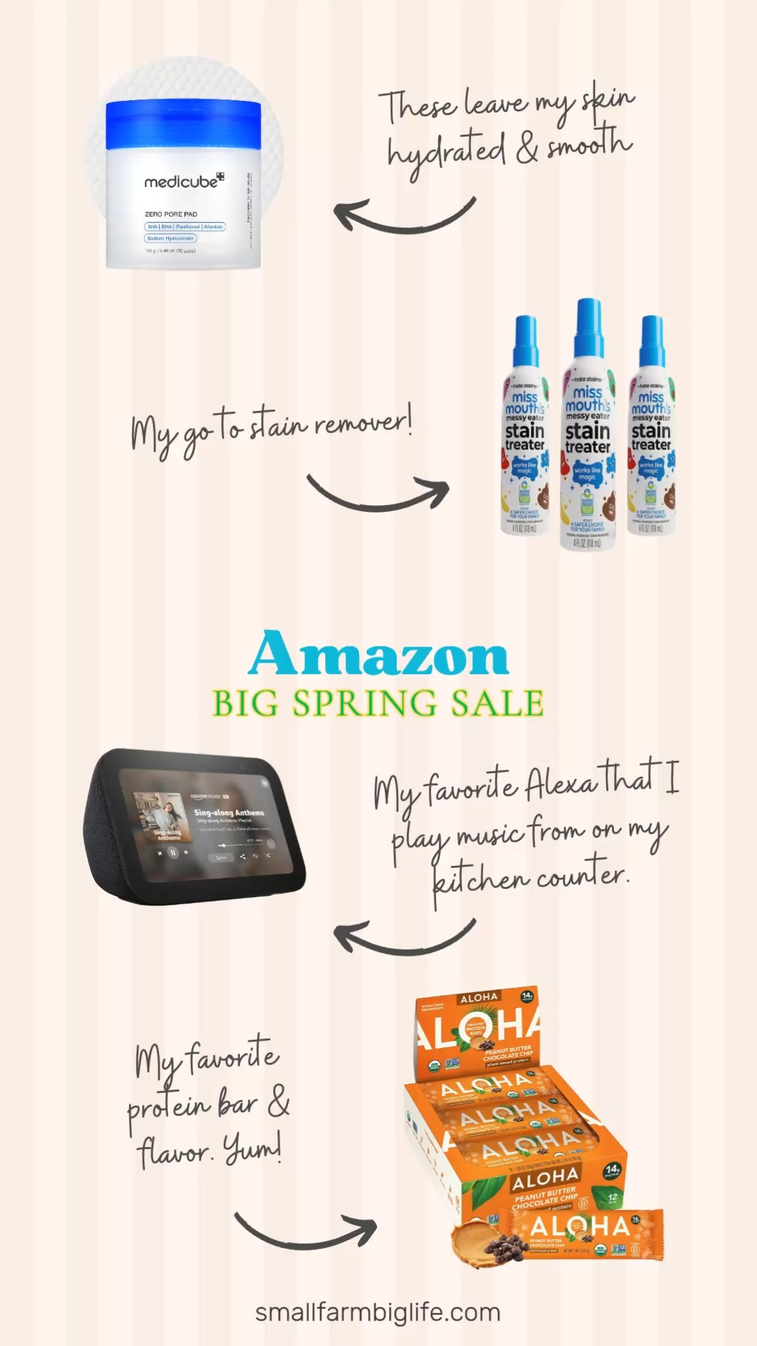 A few more of my favorite Amazon Big Spring Sale picks that are worth grabbing before the sale ends March 31 🌿✨ The medicube Toner Pads Zero Pore Pads leave my skin so hydrated and smooth and I reach for these constantly in my skincare routine. Miss Mouth's Messy Eater Stain Treater Spray is my absolute go to stain remover, it works on everything. The ALOHA Organic Plant Based Protein Bars in Peanut Butter Chocolate Chip are my favorite protein bar and that flavor is everything. And the Amazon Echo Show 5 sits on my kitchen counter and I am genuinely so impressed with the sound quality. It is the perfect kitchen speaker for playing music while I cook. All of these are on sale right now and everything is linked! 🛒 

 #LTKdayinmylife #LTKOver40 #LTKSaleAlert