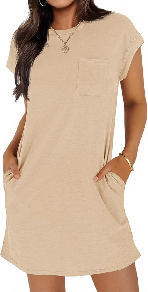 Wenrine Women's Summer T Shirt Dress Casual Short Sleeve Crewneck Loose Fit Mini Dresses with Poc... | Amazon (US)