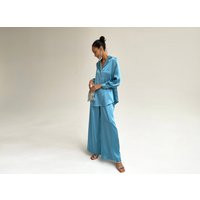 Blue Silk Pant Suit For Women, Satin Two Piece Summer Set, Women's Suit, Shirt & Trousers, Women | Etsy (US)