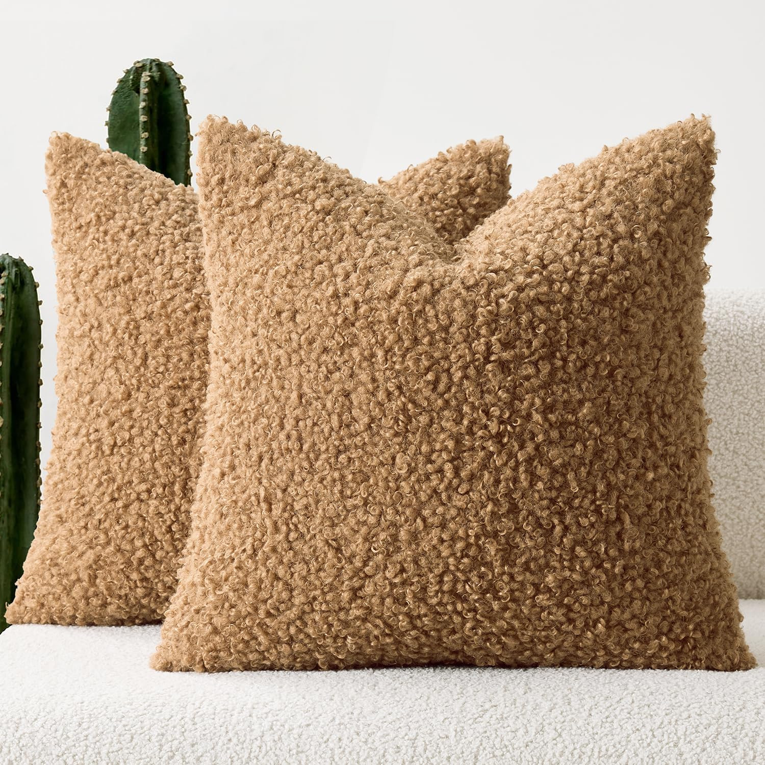 Woaboy Faux Fur Throw Pillow Covers 18x18 Inch Set of 2 Boucle Neutral Decorative Sherpa Fuzzy Ac... | Amazon (US)