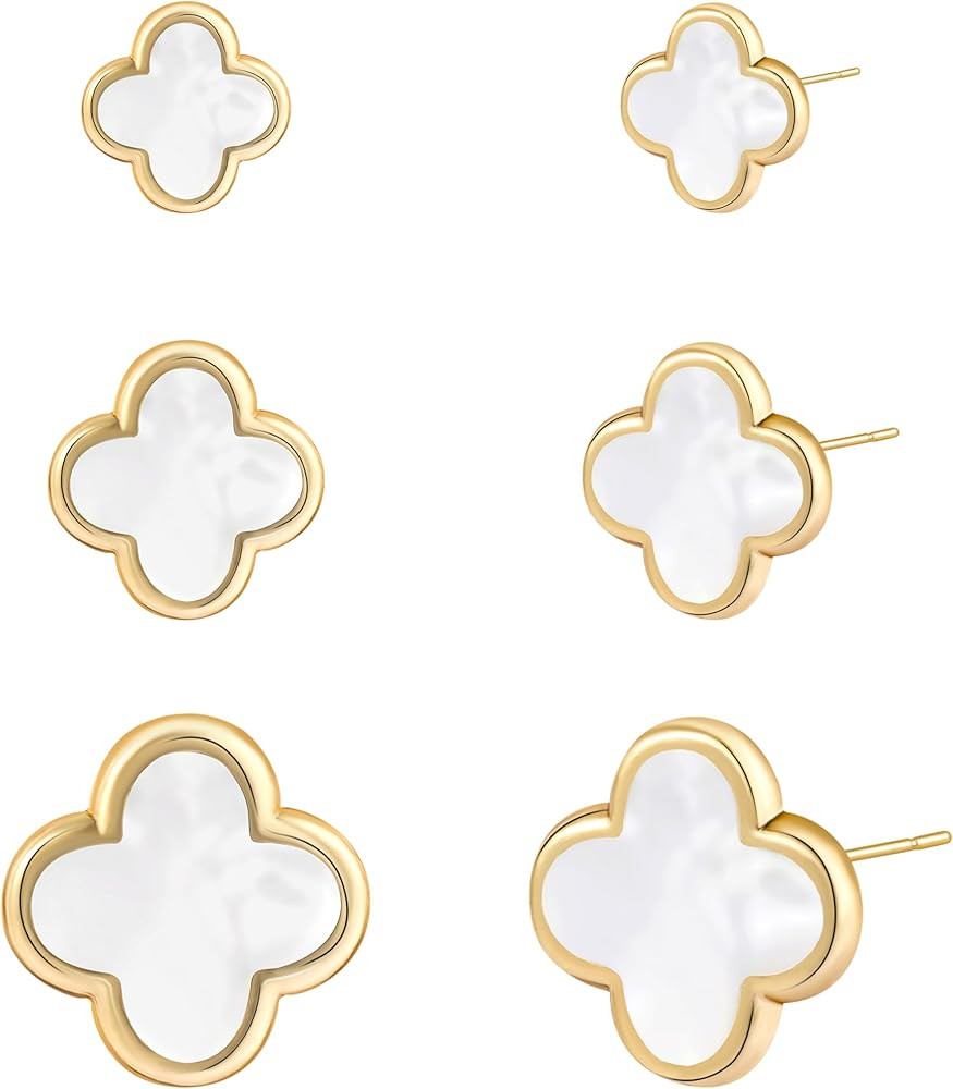 Clover Earring for Women 3 Pair Small Stud Four Leaf - 14K Gold Plated Hypoallergenic Lightweight... | Amazon (US)
