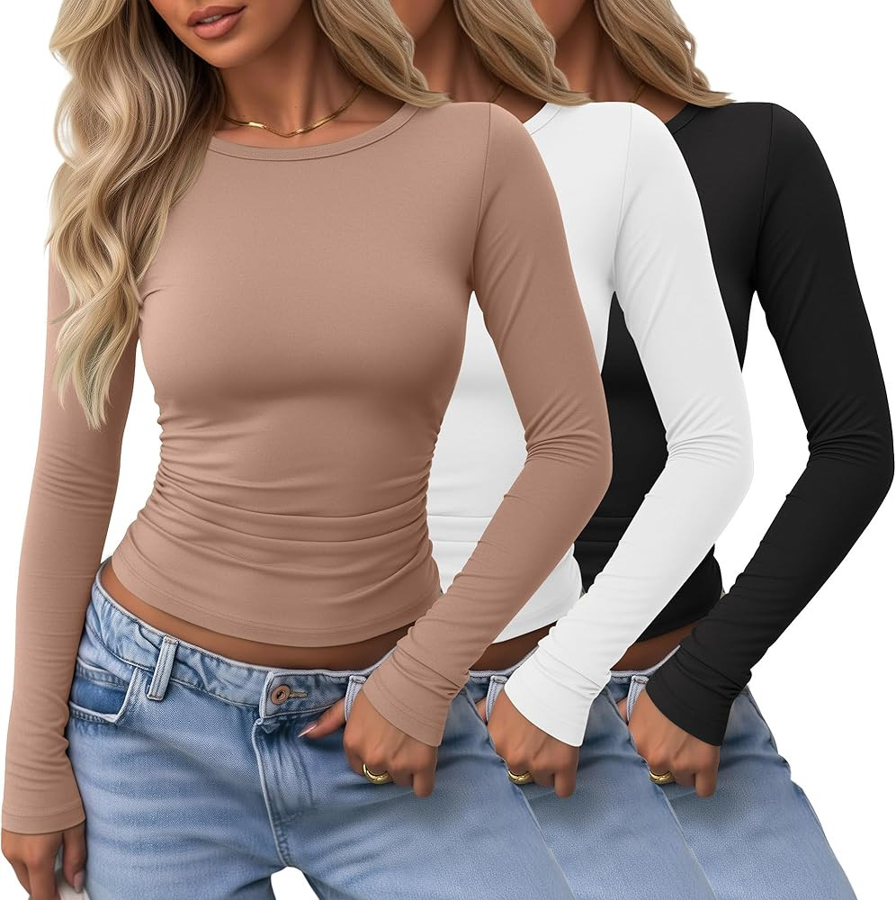 Locoowai 3 Pack Women's Long Sleeve Shirts Crewneck Going Out Basic Tops Tight Slim Fit Side Ruch... | Amazon (US)