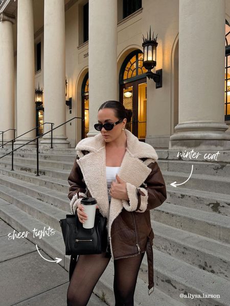 Cozy winter outfit, leather coat, Sherpa coat, neutral outfit, winter outfit, sheer tights 

#LTKSeasonal #LTKitbag #LTKstyletip