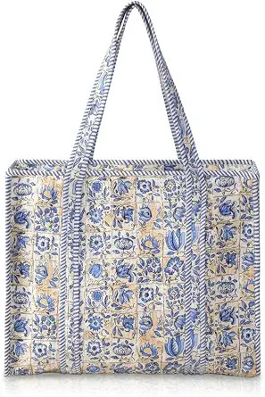 100% Cotton Floral Hand Block Print Quilted Tote Bag for Women | Large Quilted Shoulder Tote with... | Amazon (US)