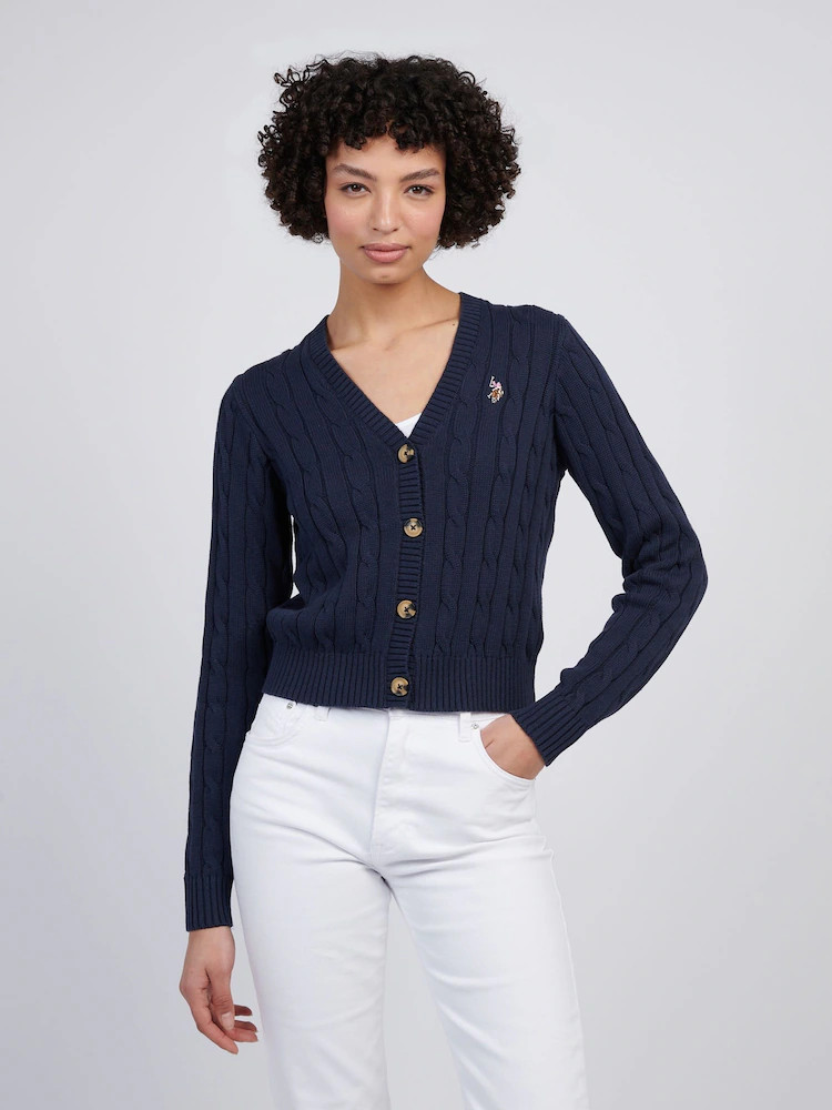 U.S. Polo Assn. Blue Cable Knit Womens Cropped Cardigan | Next EU