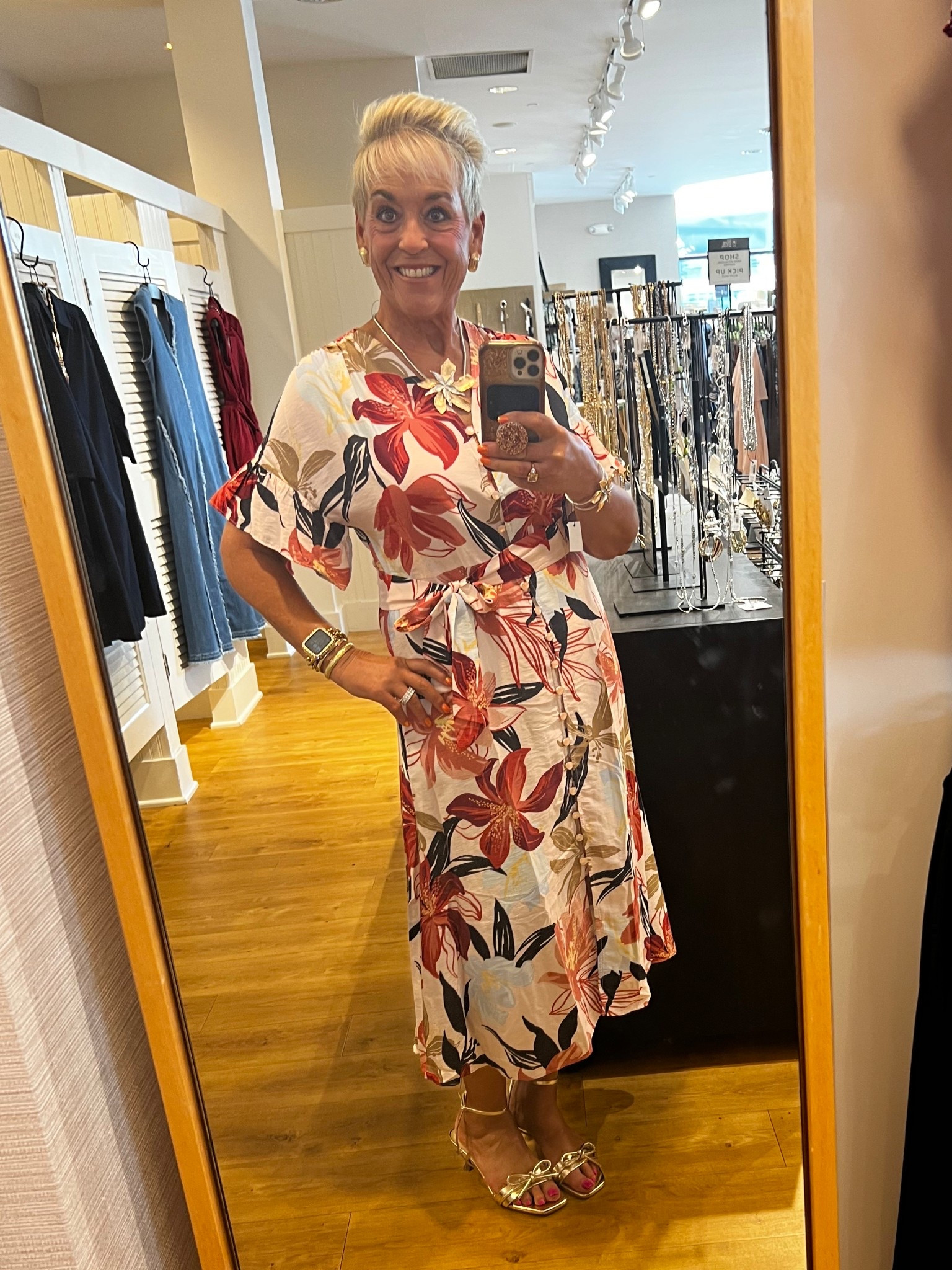 Ruffled Sleeve Midi Dress
Floral Necklace
Floral Bracelet 
Floral Earrings
Gold Sandals