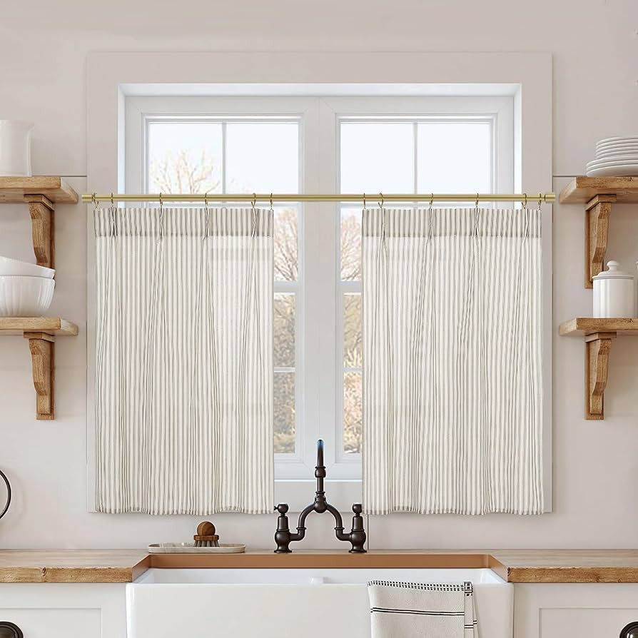 Striped Kitchen Pinch Pleat Small Curtains with Hooks 30 Inch Length for Bathroom Windows,Taupe | Amazon (US)
