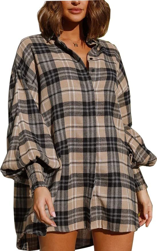 BWQ Women’s Plaid Shirts Long Lantern Sleeve Button Down Casual Shirt Dress Oversized Boyfriend... | Amazon (US)