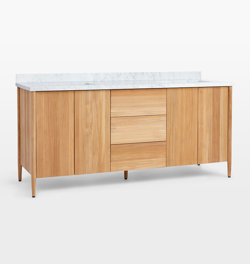 Shaw 72"" Double Vanity, Teak - Carrara Marble - Undrilled - No Hardware | Rejuvenation