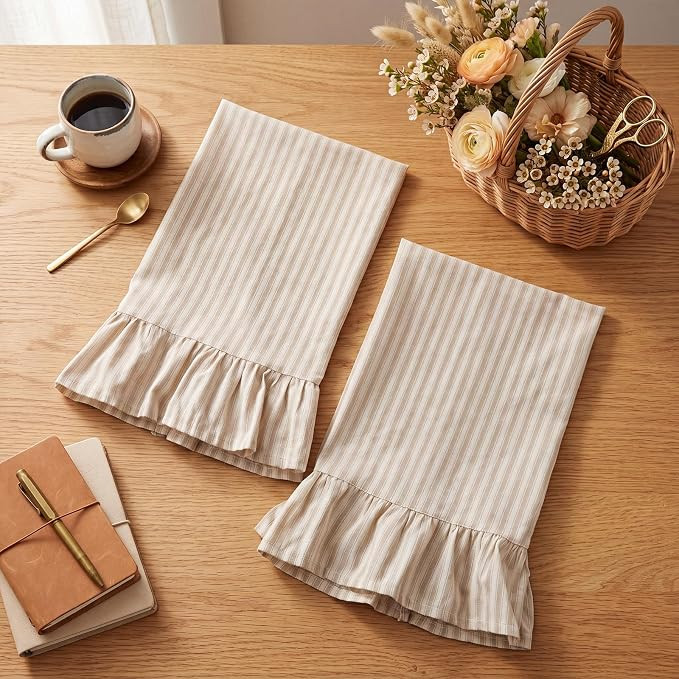 2 Pack Beige Kitchen Towels Ruffled Stripe Dish Towels 18"x28" Decorative Cotton Linen Tea Cloths... | Amazon (US)