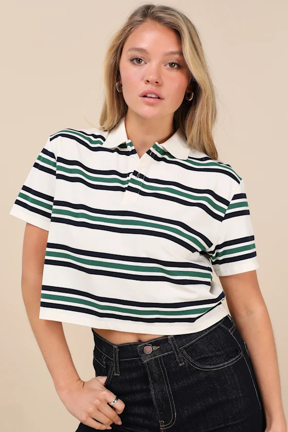 Astute Cutie White Striped Collared Cropped Polo Top | Lulus