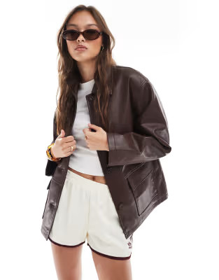 ASOS DESIGN leather look harrington jacket in chocolate | ASOS | ASOS (Global)