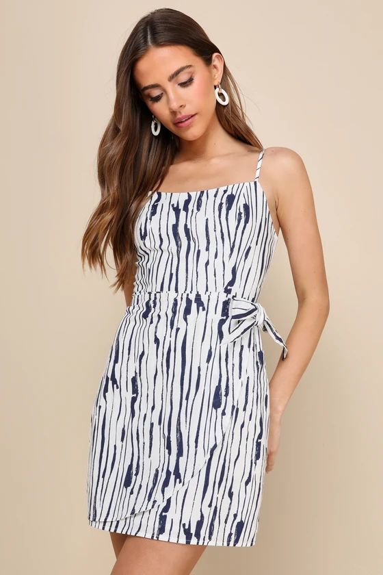 Exceptional Getaway White and Blue Striped Faux Wrap Mini Dress | Lulus