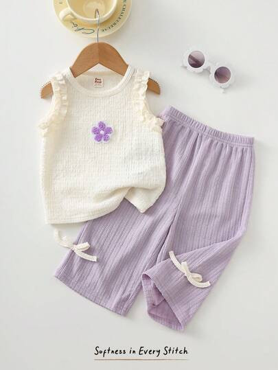 Cozy Pixies 2pcs Baby/Toddler Girl Outfit Set: White Textured Knit Sleeveless Floral Decorated To... | SHEIN