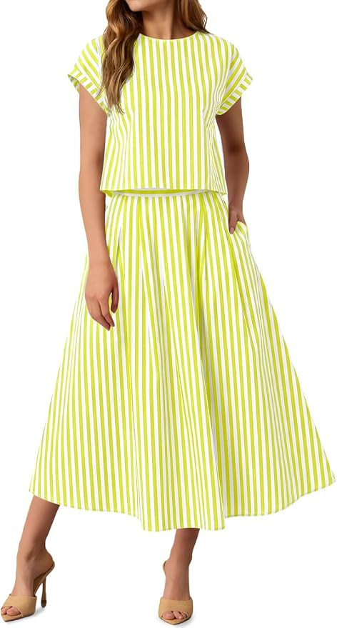 Tankaneo Womens Striped 2 Piece Skirt Sets Summer Cap Sleeve Tops Midi Dress Travel Vacation Outf... | Amazon (US)