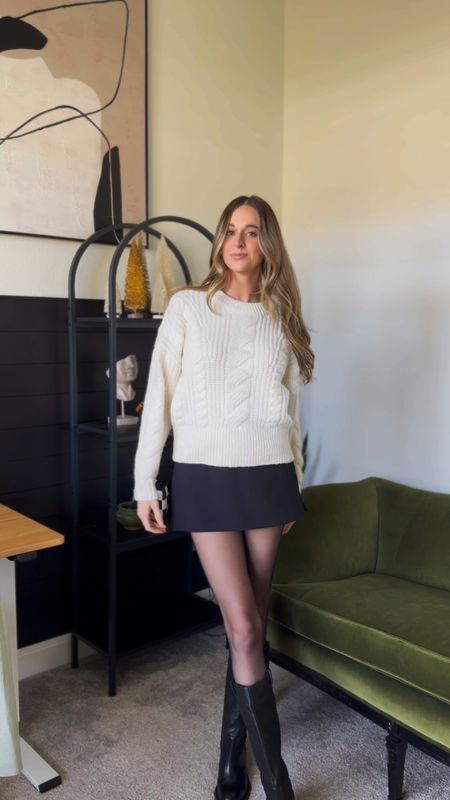 Winter outfit idea!! This mini skirt is actually a skort and it’s currently sold out but I’d watch for it to come back in stock bc it’s so good! Fits like a glove and I’m wearing a 2! 

#LTKSeasonal #LTKstyletip #LTKsalealert