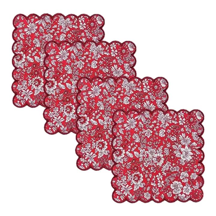 Liberty of London Scalloped Cocktail Napkins Holiday Floral with Crimson Trim - Set of 4 | Chairish