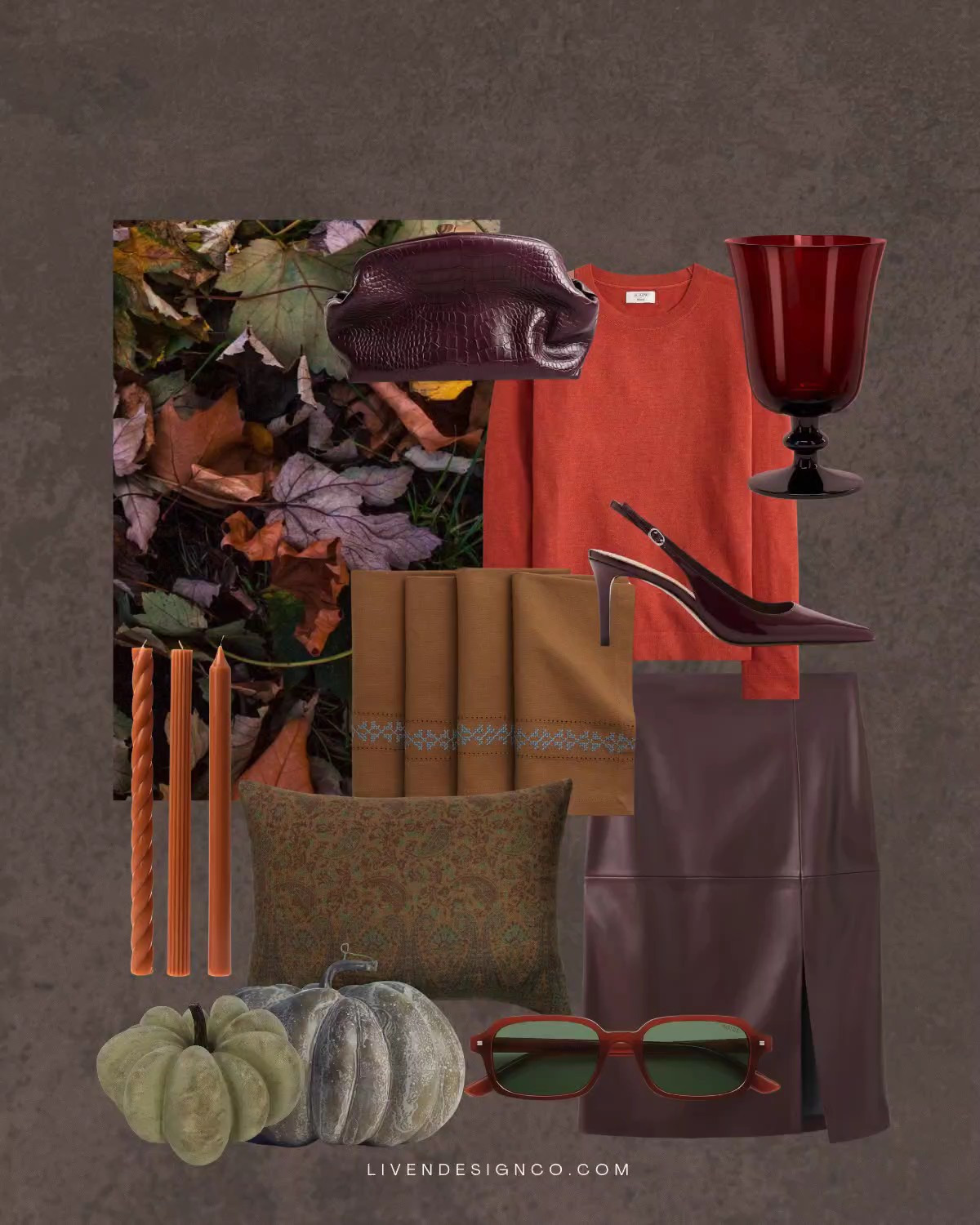 Fall style. Style inspiration. Home decor. Faux heirloom pumpkins. Sage green pumpkins. Orange sweater. Burgundy clutch. Burgundy wine glasses. Target home. Leather Burgundy skirt. Brown embroidered napkins. Mcgee and Co throw pillow. Ribbed fluted taper candles 

#LTKSeasonal #LTKHome #LTKSaleAlert