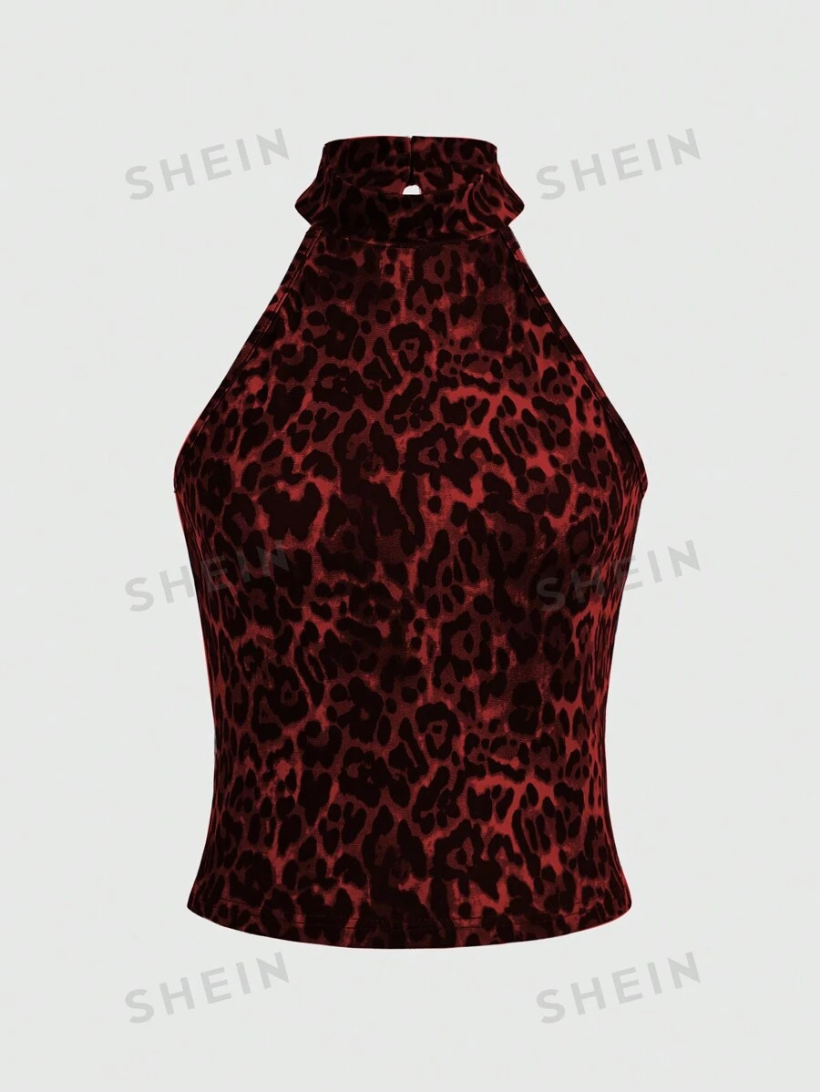 ROMWE Grunge Punk Y2K Shibuya Leopard Print Halter Neck Sleeveless Crop Top With Allover Print Fo... | SHEIN