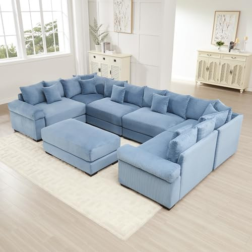 RENDGO Oversized Cloud Modular Sectional Sofa, 137.7" Convertible Sectional Boneless Couch, Extra-Wide Armrests with Couches Chaise for Living Bedroom,Blue | Amazon (US)