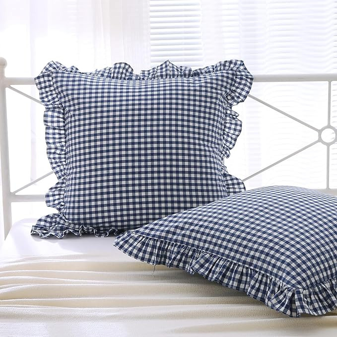 2 Pack Navy Blue White Plaid Ruffle Gingham Euro Shams Pillow Covers, 100% Washed Cotton Checkere... | Amazon (US)