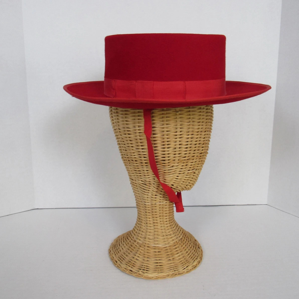 VTG Ragar Red Wool Felt Boater Hat Flat Top Wide Brim  | eBay | eBay US