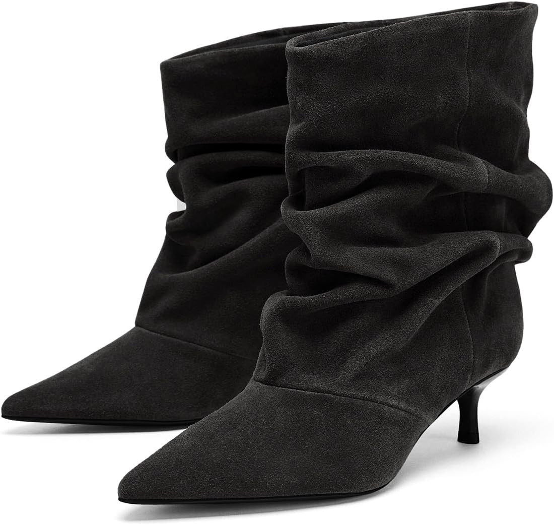 Coutgo Womens Slouchy Ankle Boots Kitten Heel Pointed Toe Pull On Booties | Amazon (US)