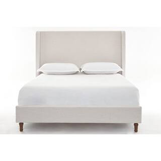Textured Ivory White Canvas Fabric Upholstered Wood Frame California King Platform Bed with Wingb... | The Home Depot