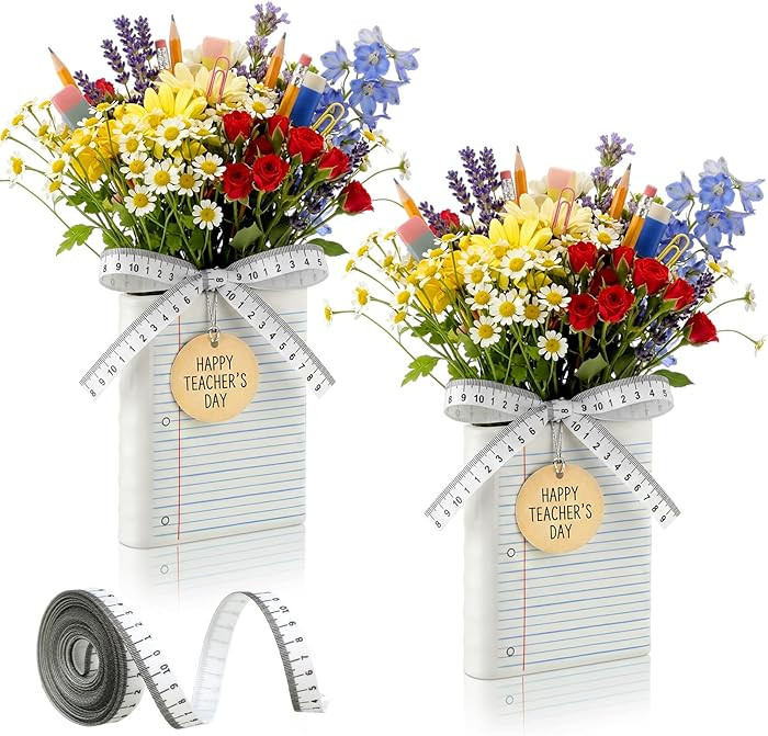 2 Pcs Teacher Appreciation Gifts Ceramic Book Shaped Vase for Flower, Blue Lined Notebook with Ri... | Amazon (US)