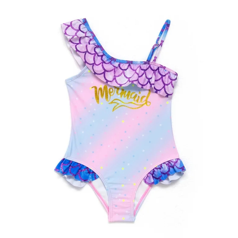 NIPAXO Girls One Piece Swimsuit Asymmetric One Shoulder Ruffle Mermaid Scale Ombre Pastel Glitter... | Walmart (US)