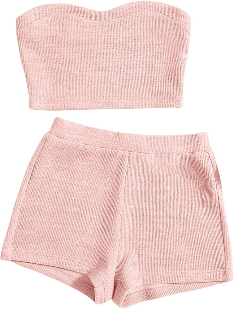 Verdusa Women's 2 Piece Outfit Ribbed Crop Bandeau Tube Top and Biker Track Shorts Sets | Amazon (CA)
