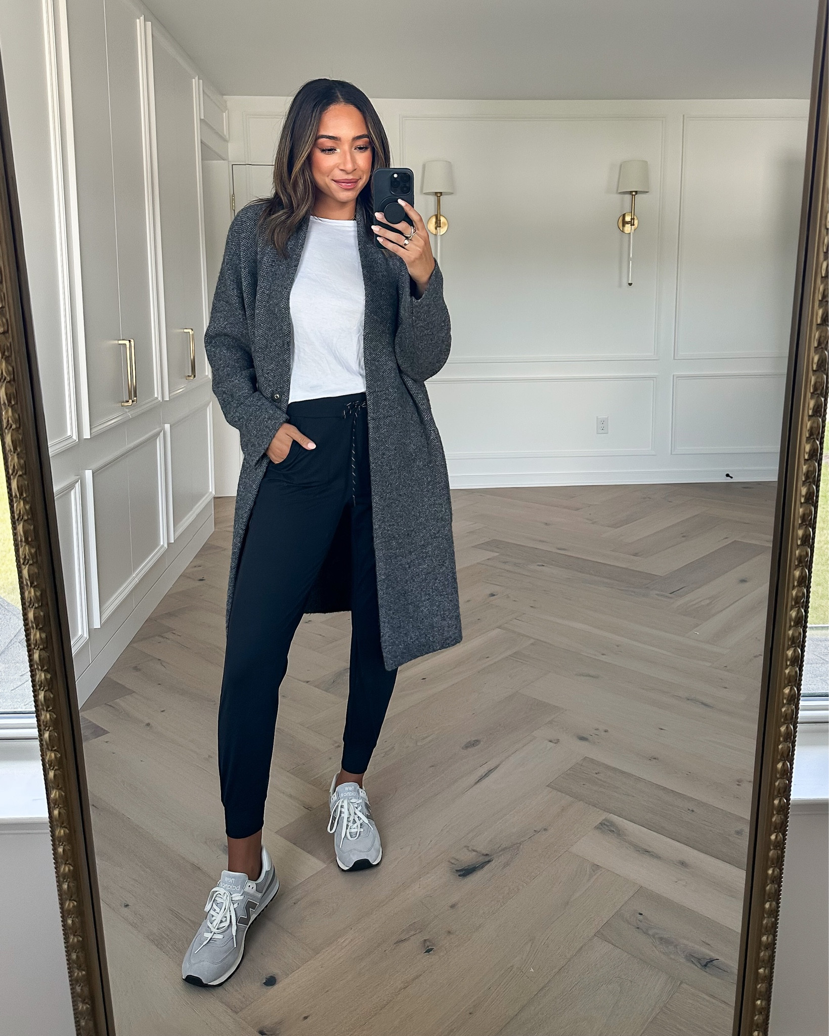 Nordstrom anniversary sale outfit 🖤 wearing a small in cardigan coat (runs or large) small in black joggers (tts) and grey sneakers run tts).

#LTKxNSale #LTKstyletip #LTKunder100