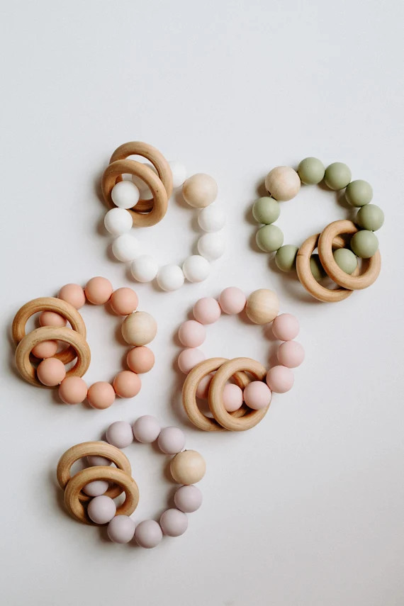 Teething Ring, Teething Toy, Teether//Wooden + Silicone Beads | Etsy (US)
