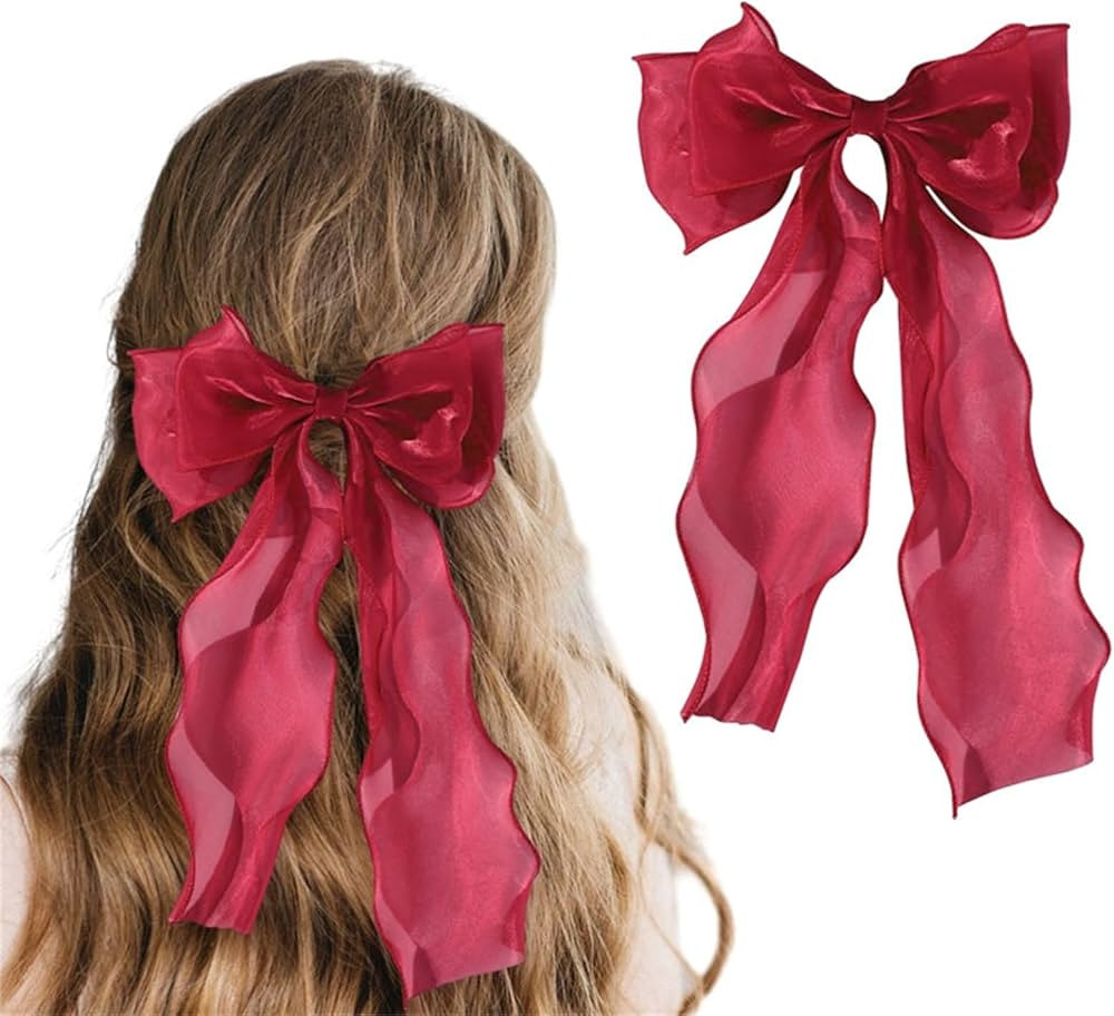 papasgix Hair Clip, Burgundy Solid Color Hair Bow Clip for Women, Long Silk Ribbon Bow Hair Acces... | Amazon (US)